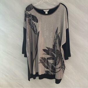 CJ Banks 2X Beige, Black , Silver Shimmer 3/4 Sleeve Tunic Blouse
